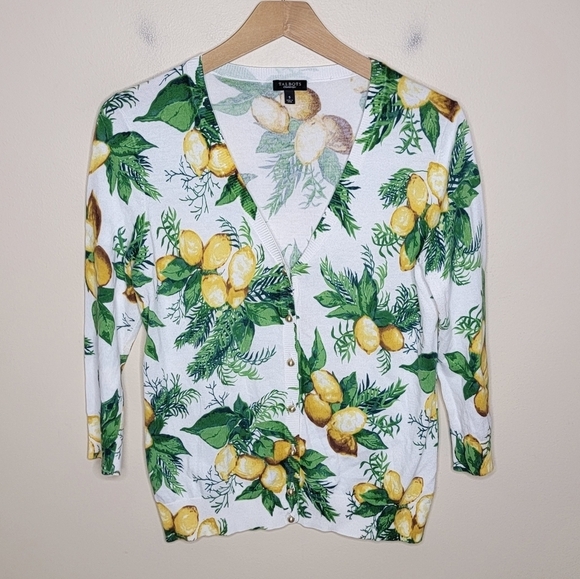 Talbots | Lemon Print V-neck Button Front 3/4 Sleeve Cardigan Sweater Size Small - Picture 1 of 5